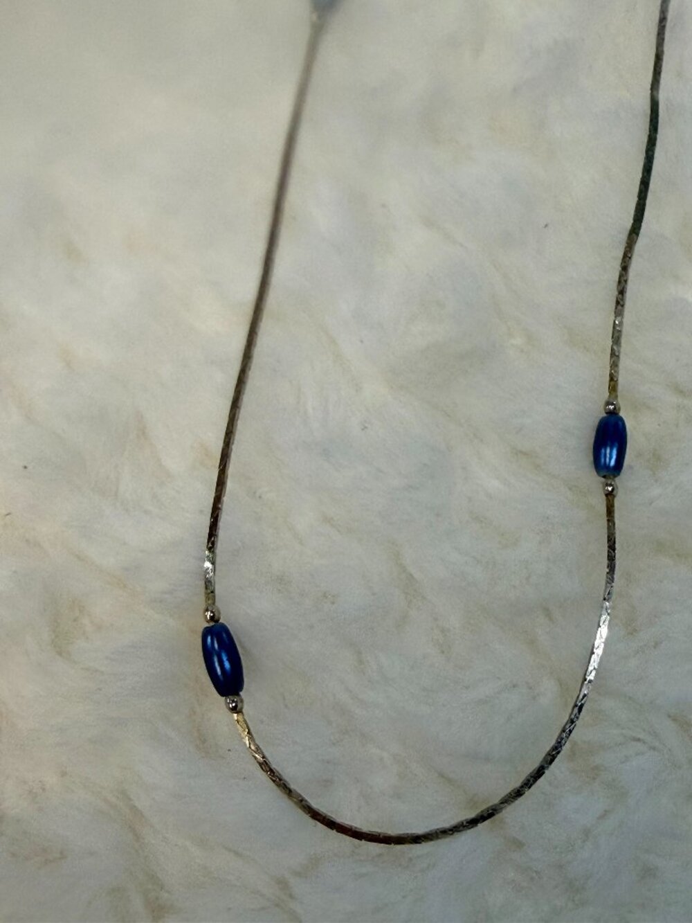 Vintage Gold Tone Chain Necklace with Blue Pearl Tone Barrel Beads